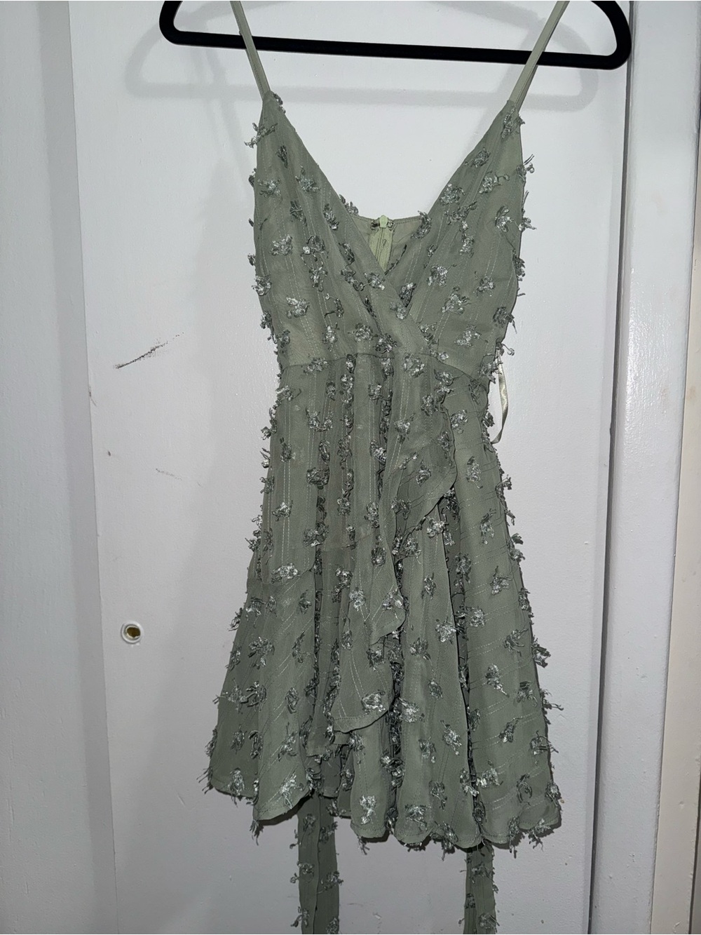 Selfie Leslie Sage Green Spaghetti Strap Mini Dress with Floral Appliqué